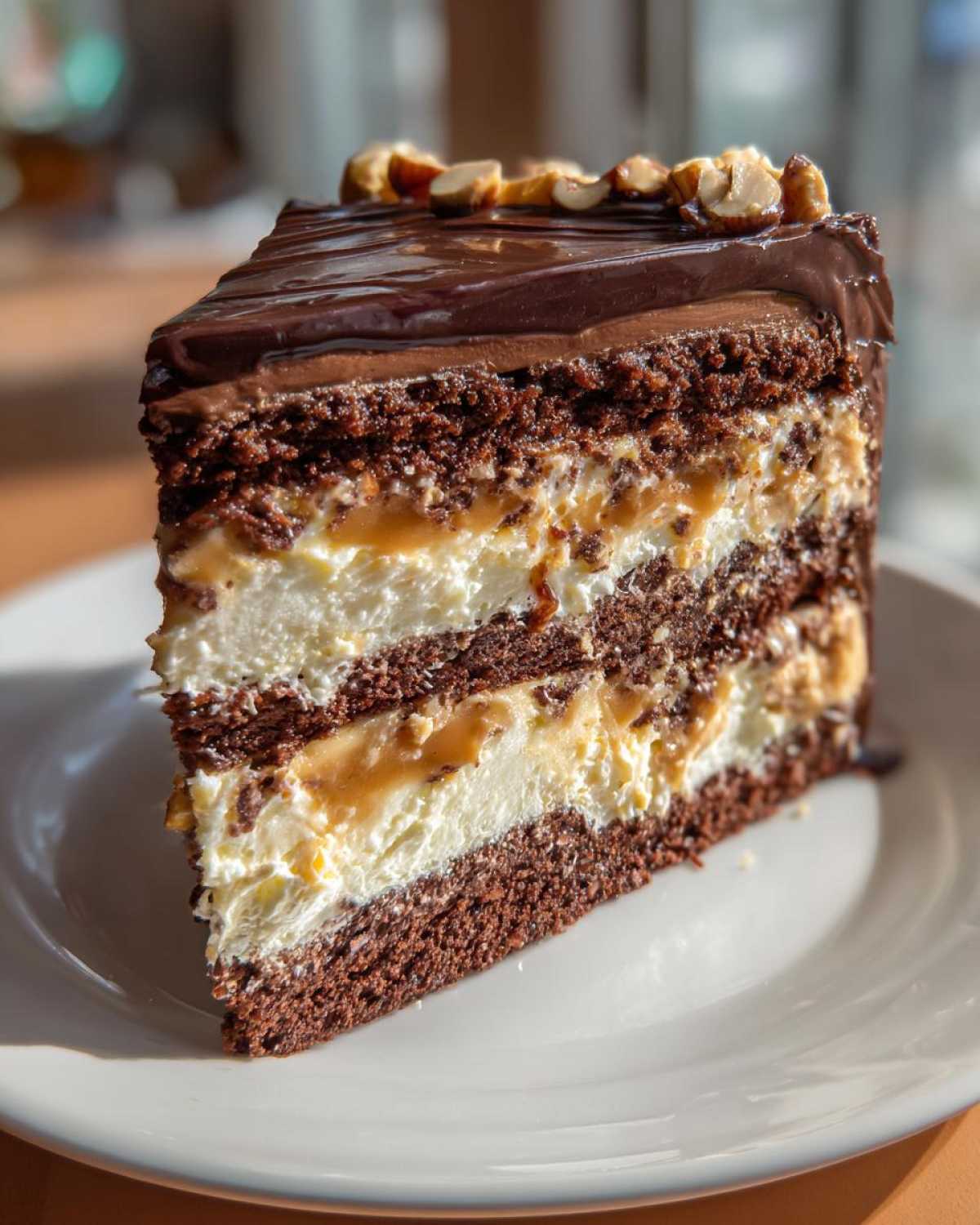 Kawałek Tortu Snickers z warstwami czekoladowego biszkoptu, kremu i karmelu, ozdobiony orzechami.