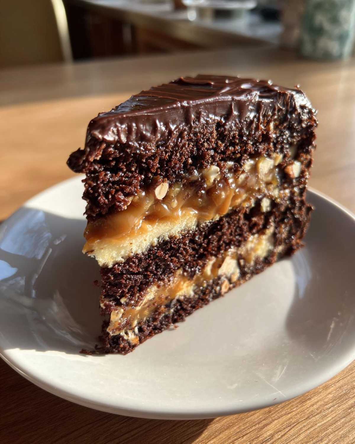 Kawałek tortu Snickers z czekoladowymi blatami, kremem karmelowym i orzechami ziemnymi, polany polewą czekoladową.