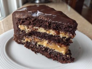 Kawałek tortu Snickers z ciemnymi biszkoptami, kremem i karmelem, polany czekoladą.