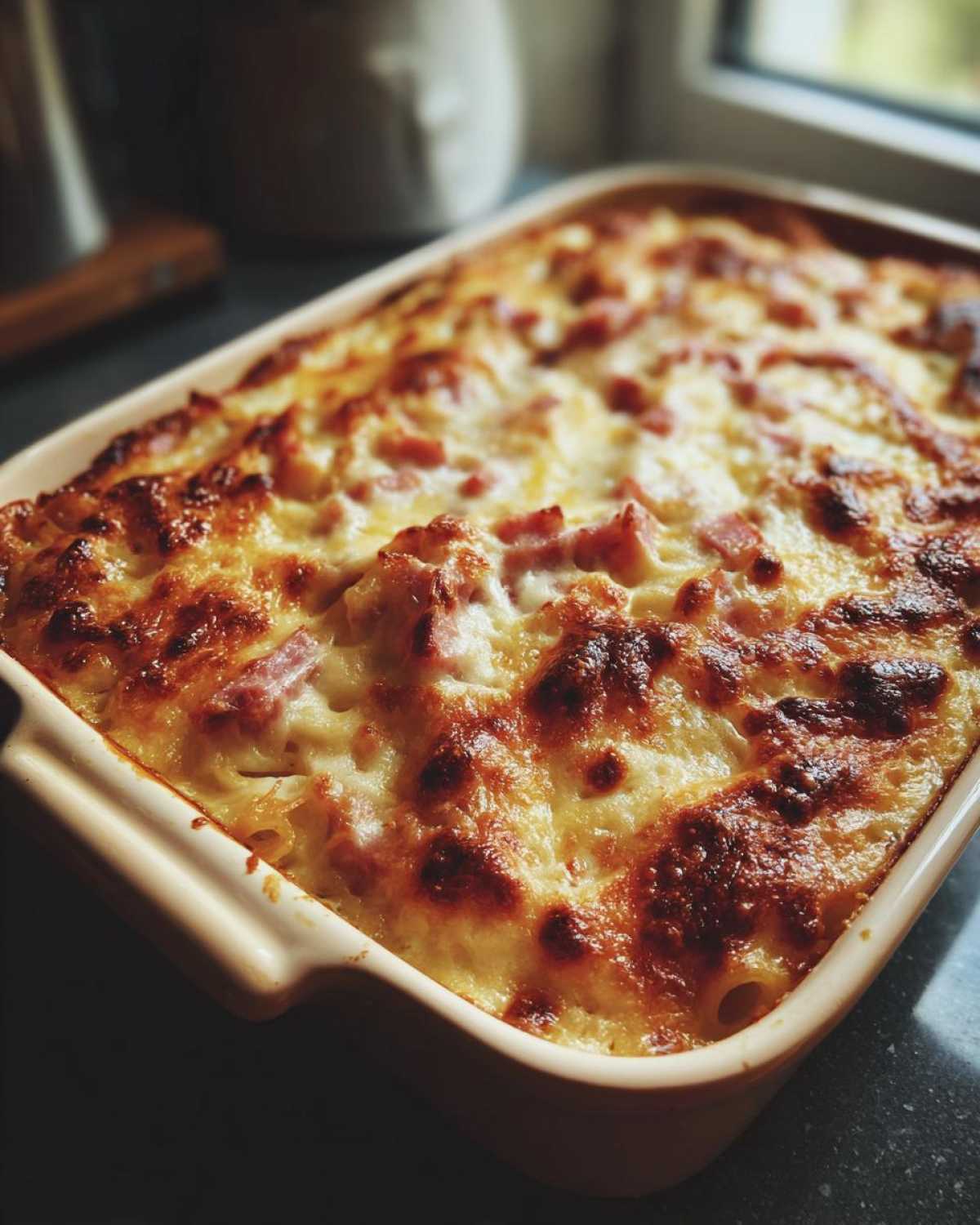 Upieczona zapiekanka makaronowa z szynką i serem w naczyniu żaroodpornym, ze złotobrązową, ciągnącą się serową górą.