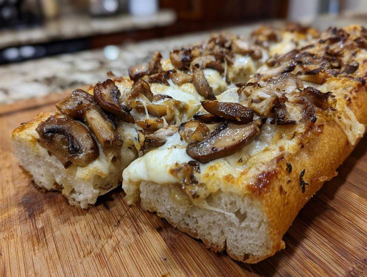 Zbliżenie na zapiekankę z pieczarkami i ciągnącym się serem na drewnianej desce.