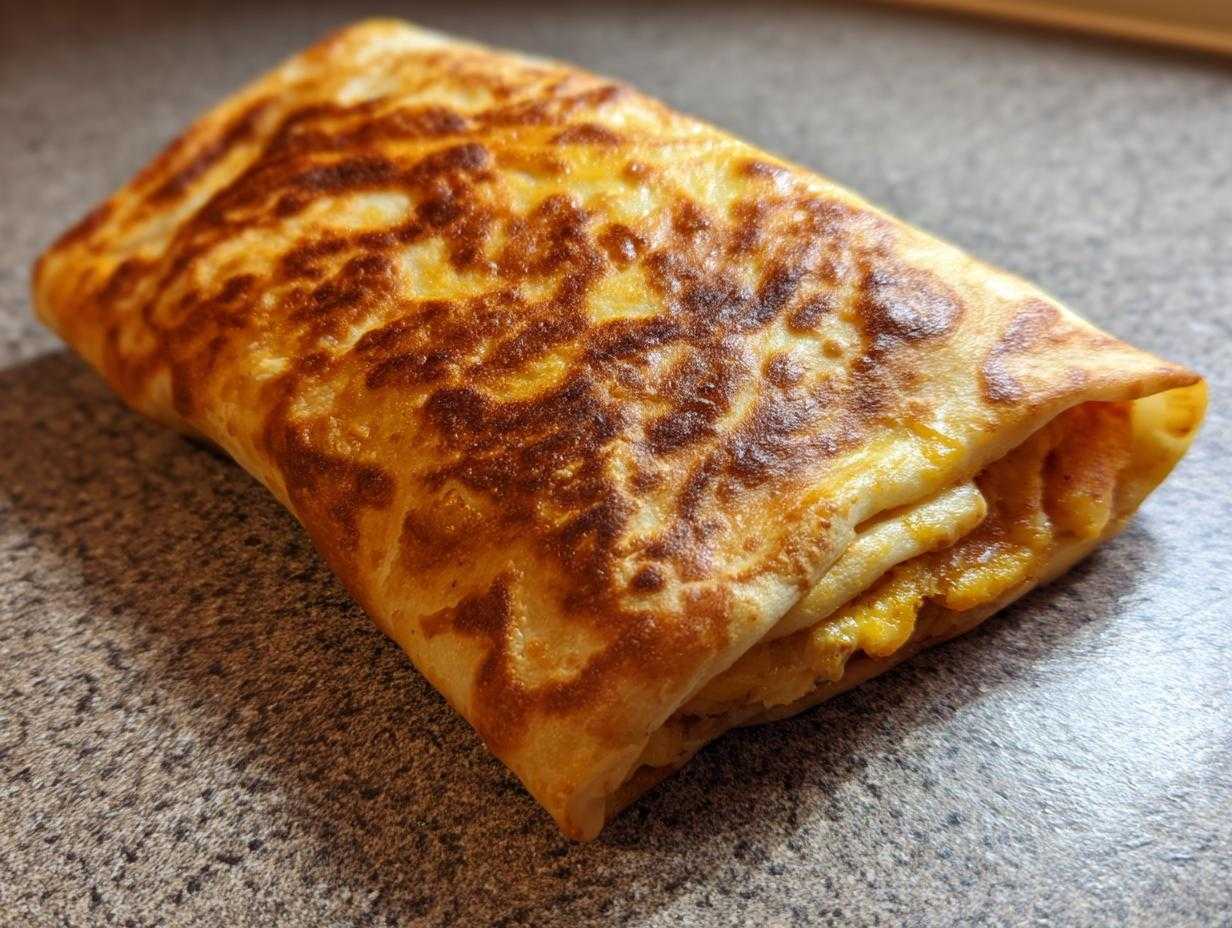 Zawijana tortilla z TikToka, złocista i lekko przypieczona, z widocznym nadzieniem w środku.