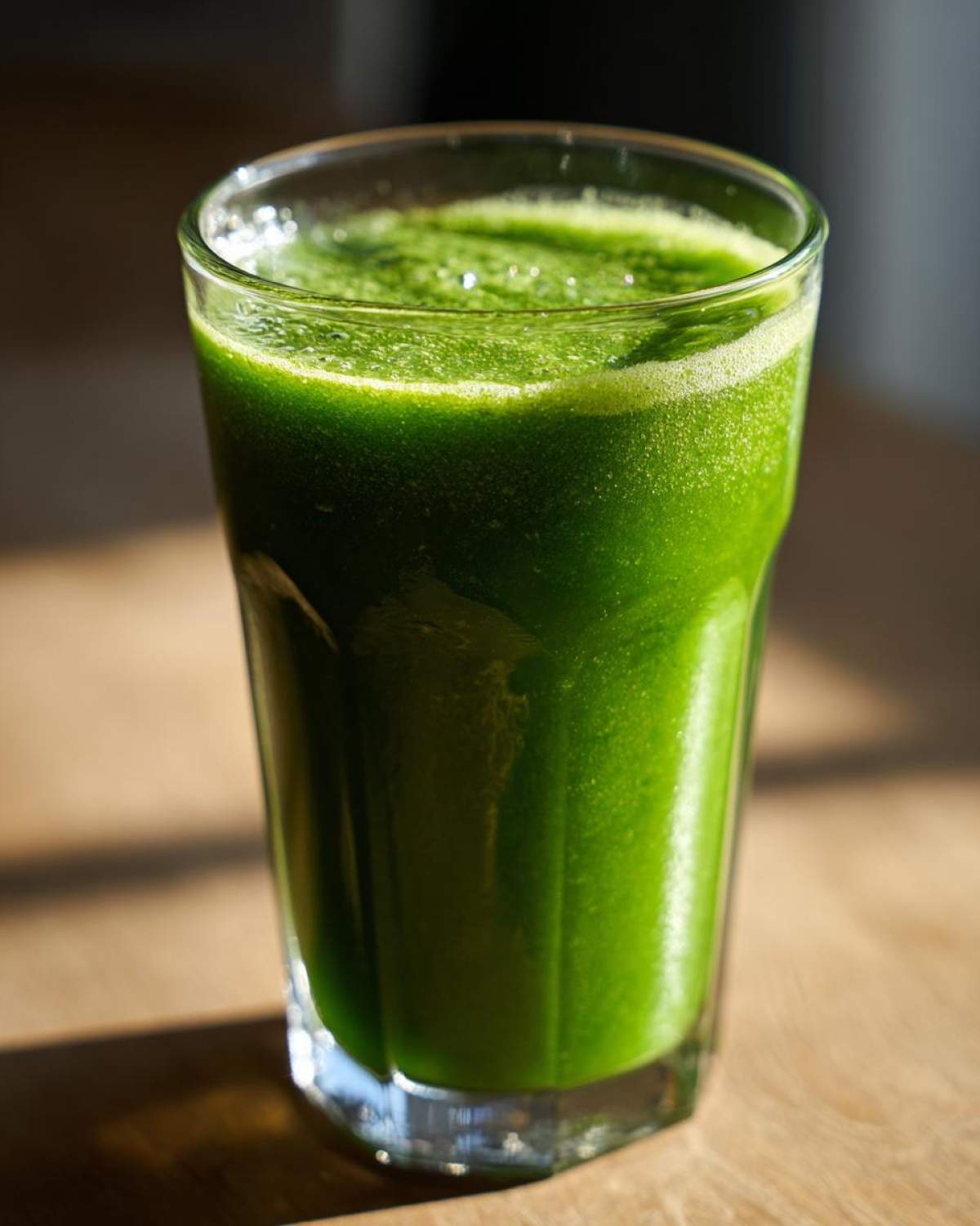 Szklanka wypełniona po brzegi zielonym koktajlem detoks, gotowym do spożycia.