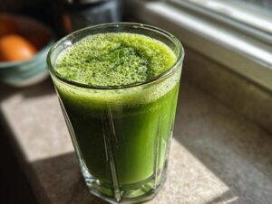 Szklanka pełna zielonego koktajlu detoks z pianką na wierzchu, stojąca na blacie.