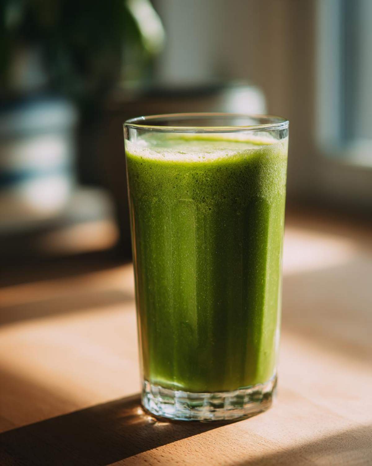 Szklanka pełna zielonego koktajlu detoks, z pianką na wierzchu, stojąca na drewnianym blacie.