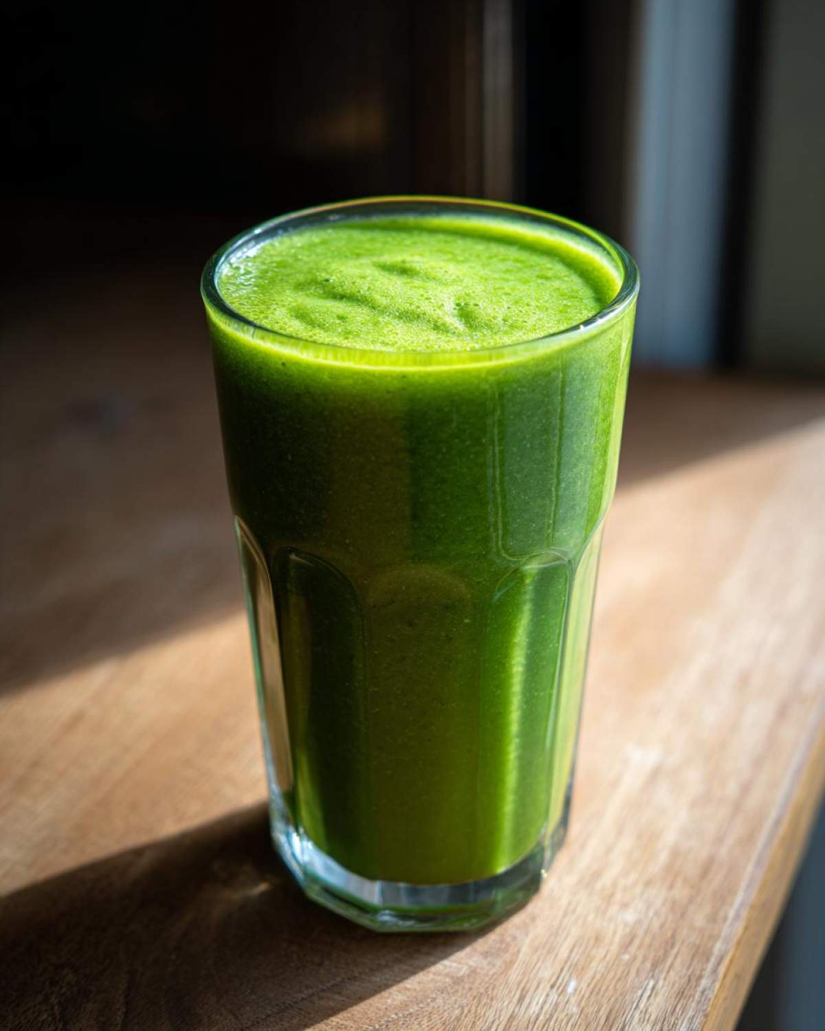 Szklanka wypełniona zielonym koktajlem detoks na drewnianym blacie, oświetlona słońcem.