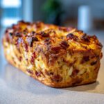 Złocista babka ziemniaczana z kawałkami boczku, upieczona na szaro-białym blacie.