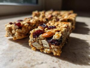 Zbliżenie na domowe batony owsiane z migdałami i żurawiną, idealne na szybką przekąskę.