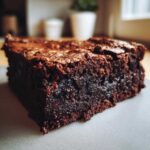 Kawałek wilgotnego brownie czekoladowego z chrupiącą skórką.