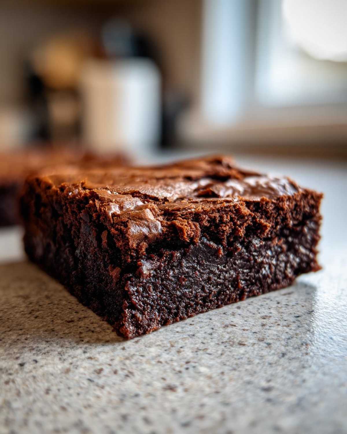 Zbliżenie na pyszne, wilgotne brownie czekoladowe z błyszczącą wierzchnią warstwą.