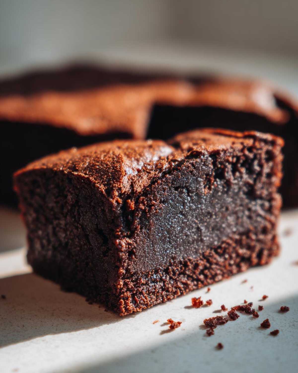Zbliżenie na pyszne brownie czekoladowe, pokazujące jego wilgotną strukturę i bogaty kolor.