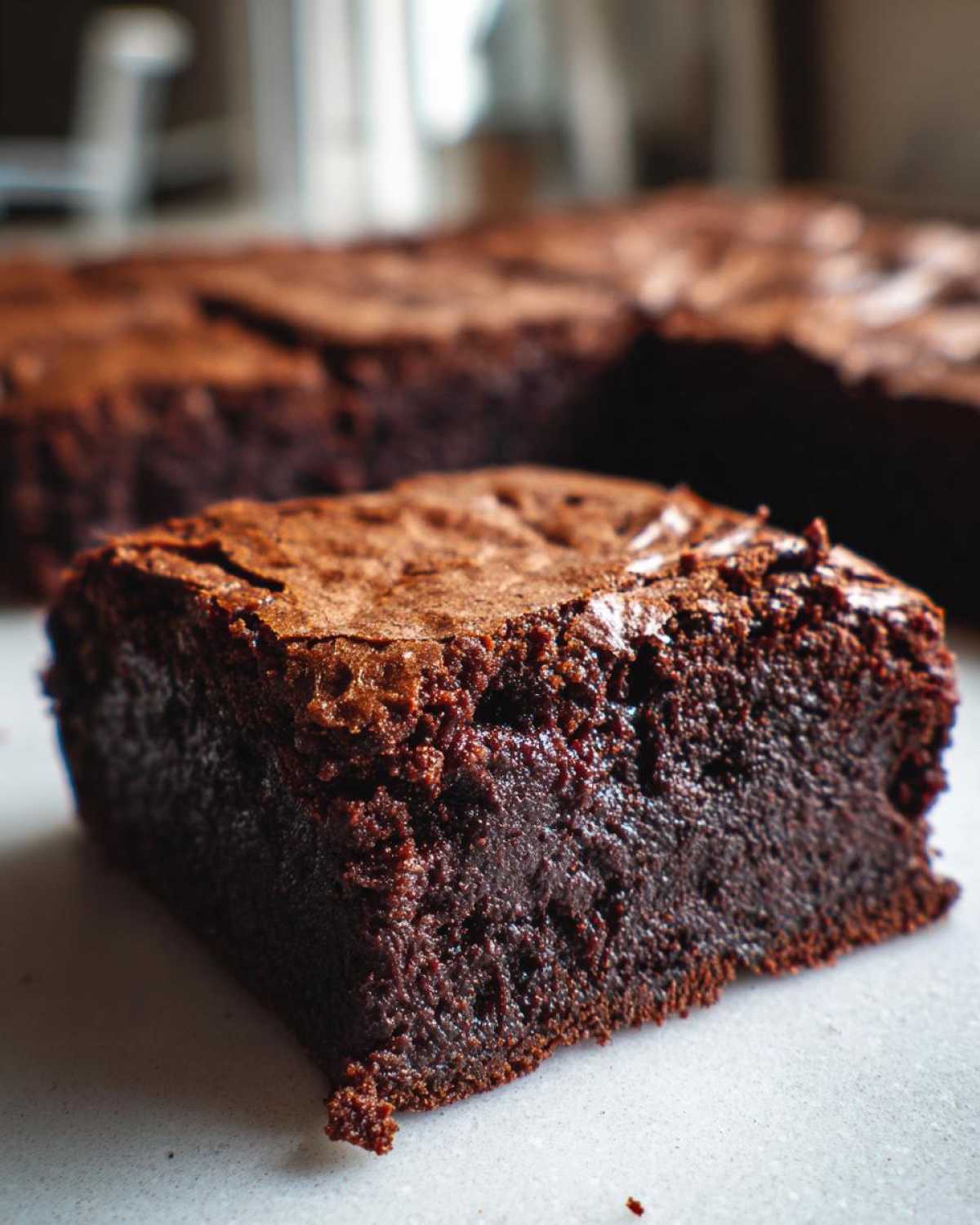 Zbliżenie na kawałek wilgotnego brownie czekoladowego, z widoczną teksturą ciasta.