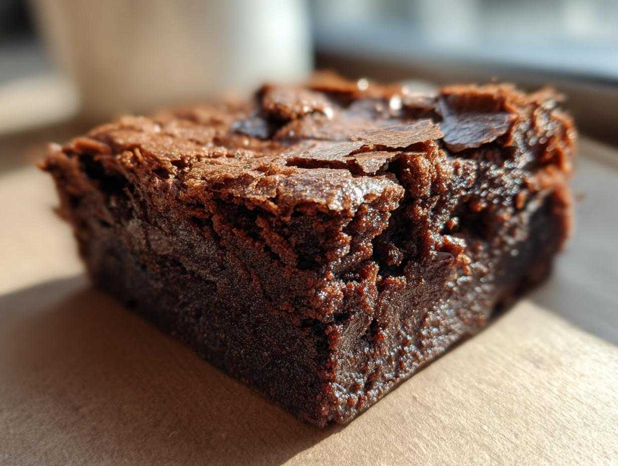 Zbliżenie na kawałek przepysznego brownie czekoladowego z chrupiącą skórką.