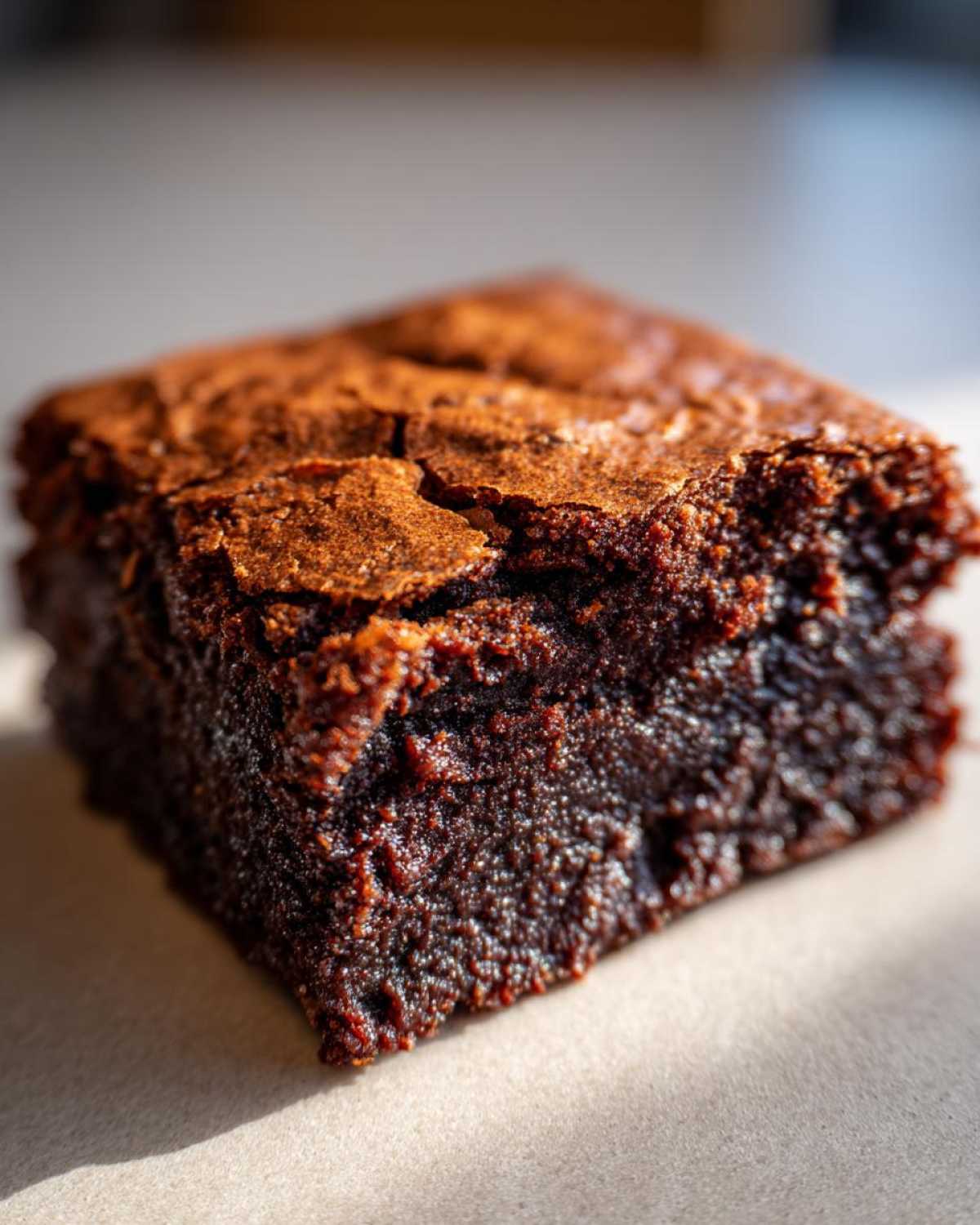 Zbliżenie na pyszne brownie czekoladowe z chrupiącą skórką i wilgotnym wnętrzem.