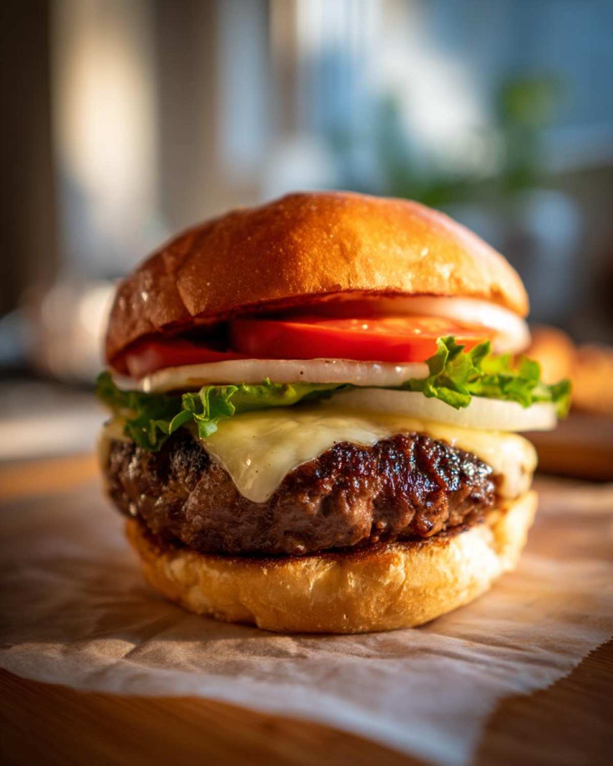 Soczysty burger wołowy domowy z serem, sałatą, pomidorem i cebulą na bułce.