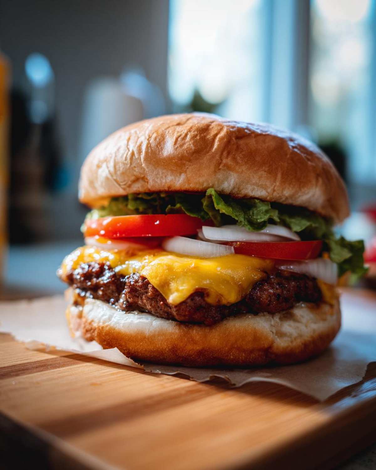 Zbliżenie na soczystego burgera wołowego domowego z roztopionym serem, sałatą, pomidorem i cebulą.