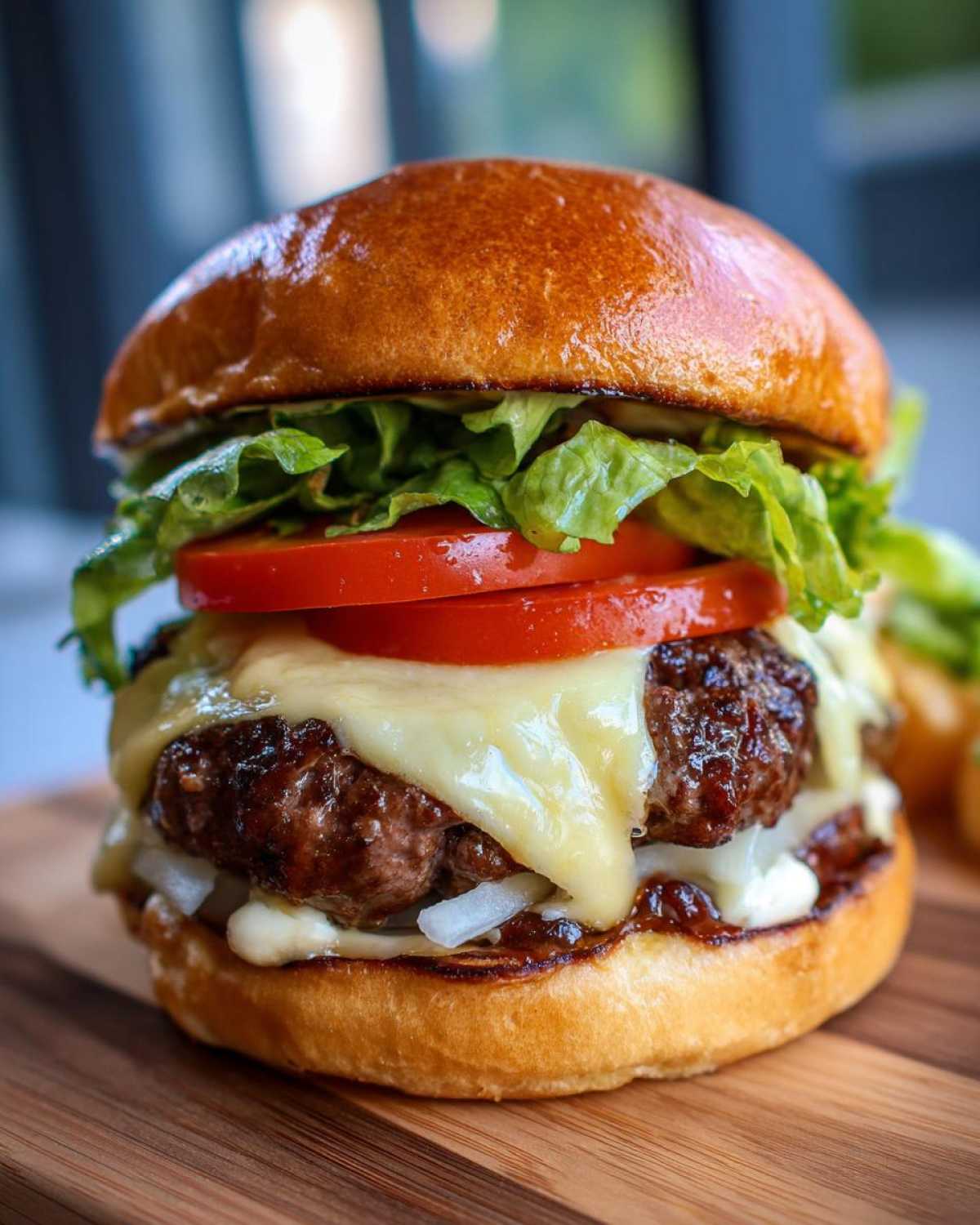 Zbliżenie na soczystego burgera wołowego domowego z roztopionym serem, pomidorem i sałatą na desce.