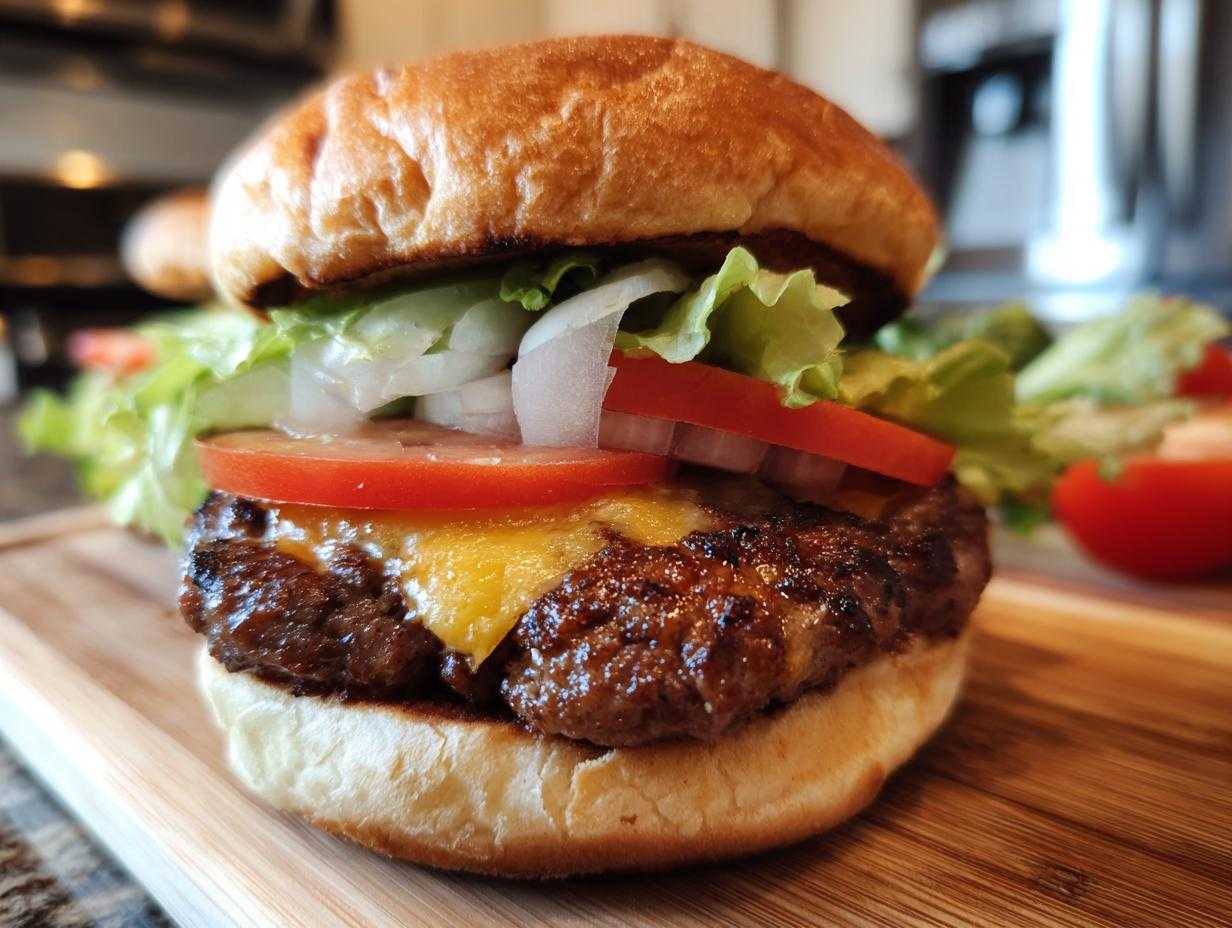 Zbliżenie na soczystego burgera wołowego domowego z roztopionym serem, sałatą, pomidorem i cebulą.
