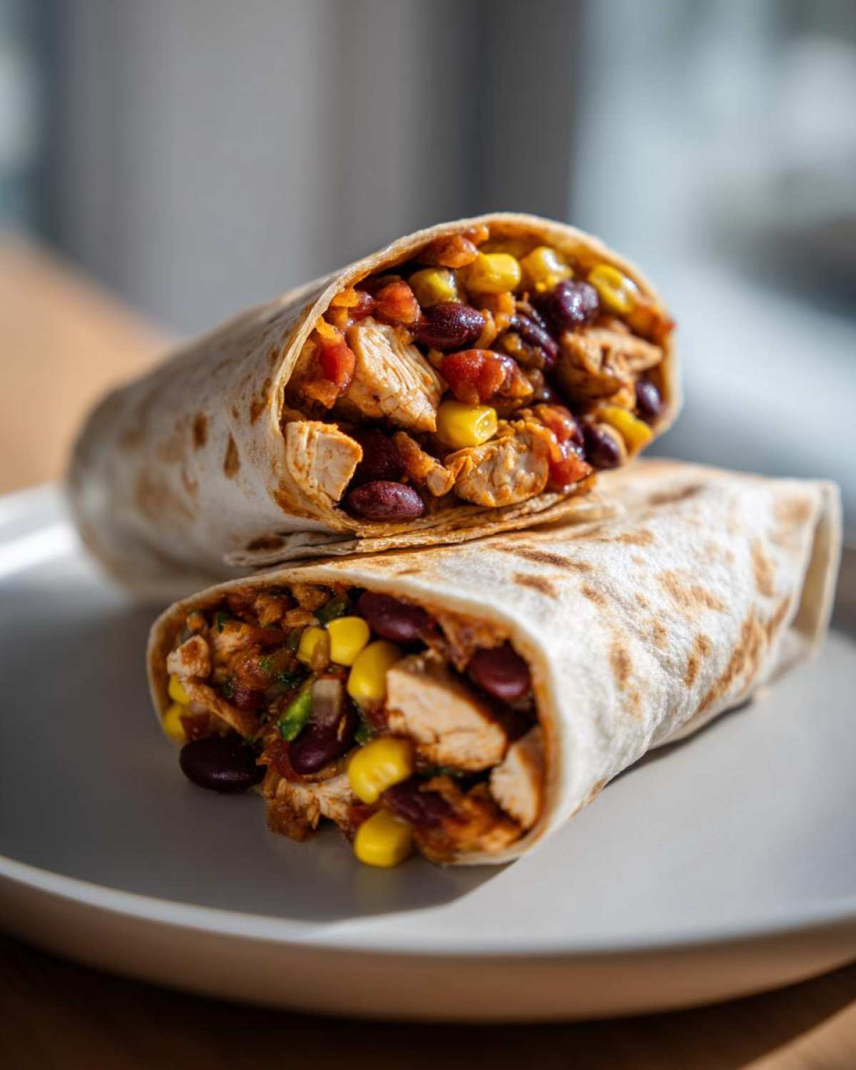 Połówka pysznego burrito z kurczakiem, fasolą, kukurydzą i salsą na talerzu.