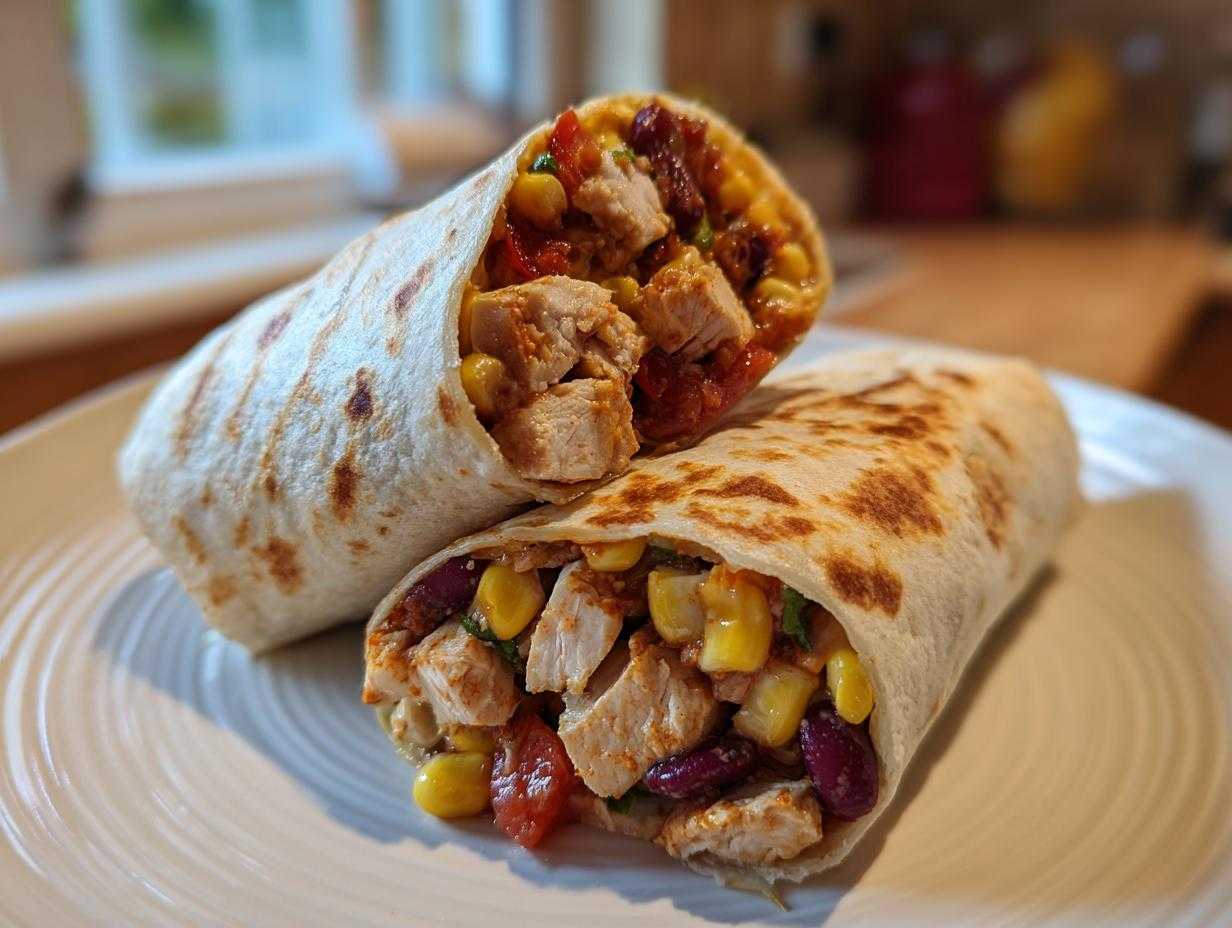 Przekrojone burrito z kurczakiem, fasolą, kukurydzą i pomidorami na talerzu.