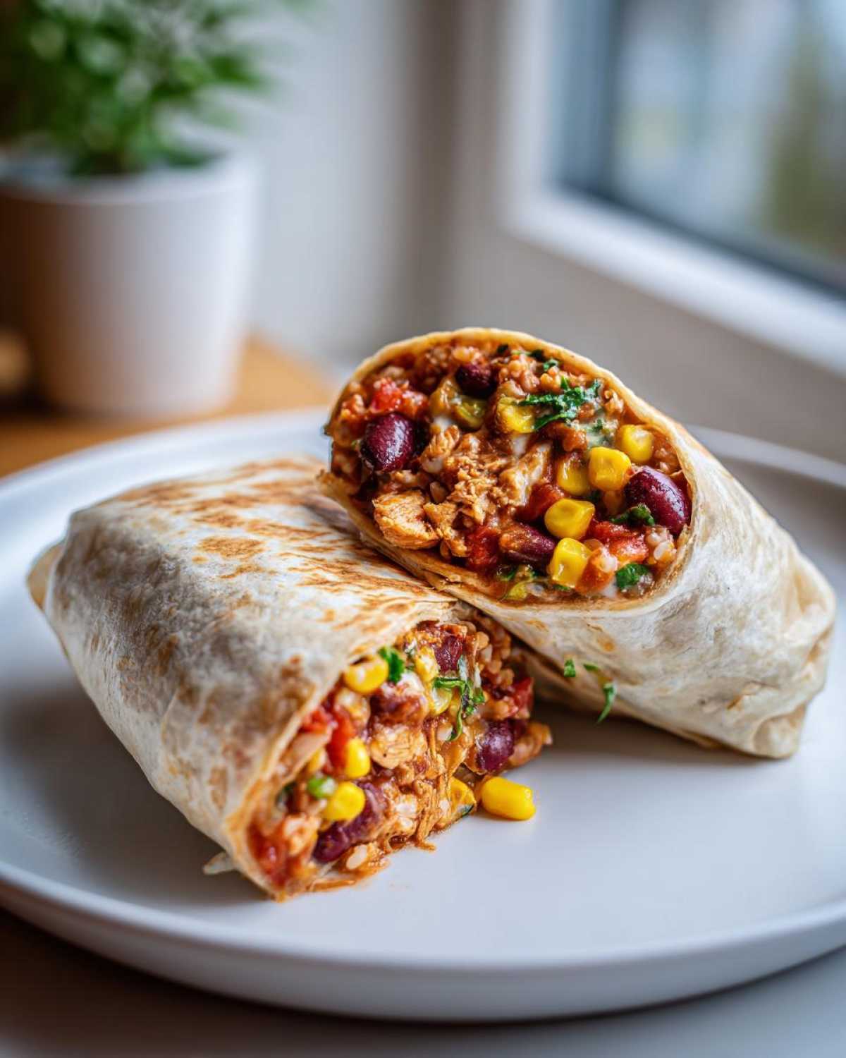 Przekrojone na pół burrito z kurczakiem, fasolą, kukurydzą i ryżem na białym talerzu.