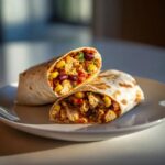 Przekrojone na pół pyszne burrito z kurczakiem, fasolą i kukurydzą na talerzu.