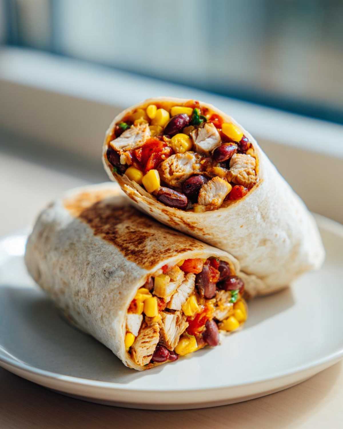 Zbliżenie na przekrojone burrito z kurczakiem, fasolą, kukurydzą i pomidorami.