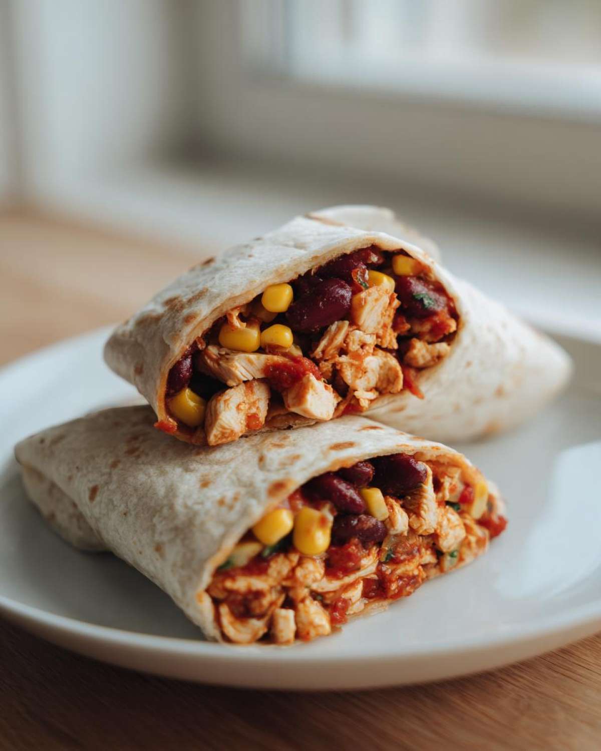 Przekrojone na pół pyszne burrito z kurczakiem, fasolą, kukurydzą i sosem pomidorowym na talerzu.