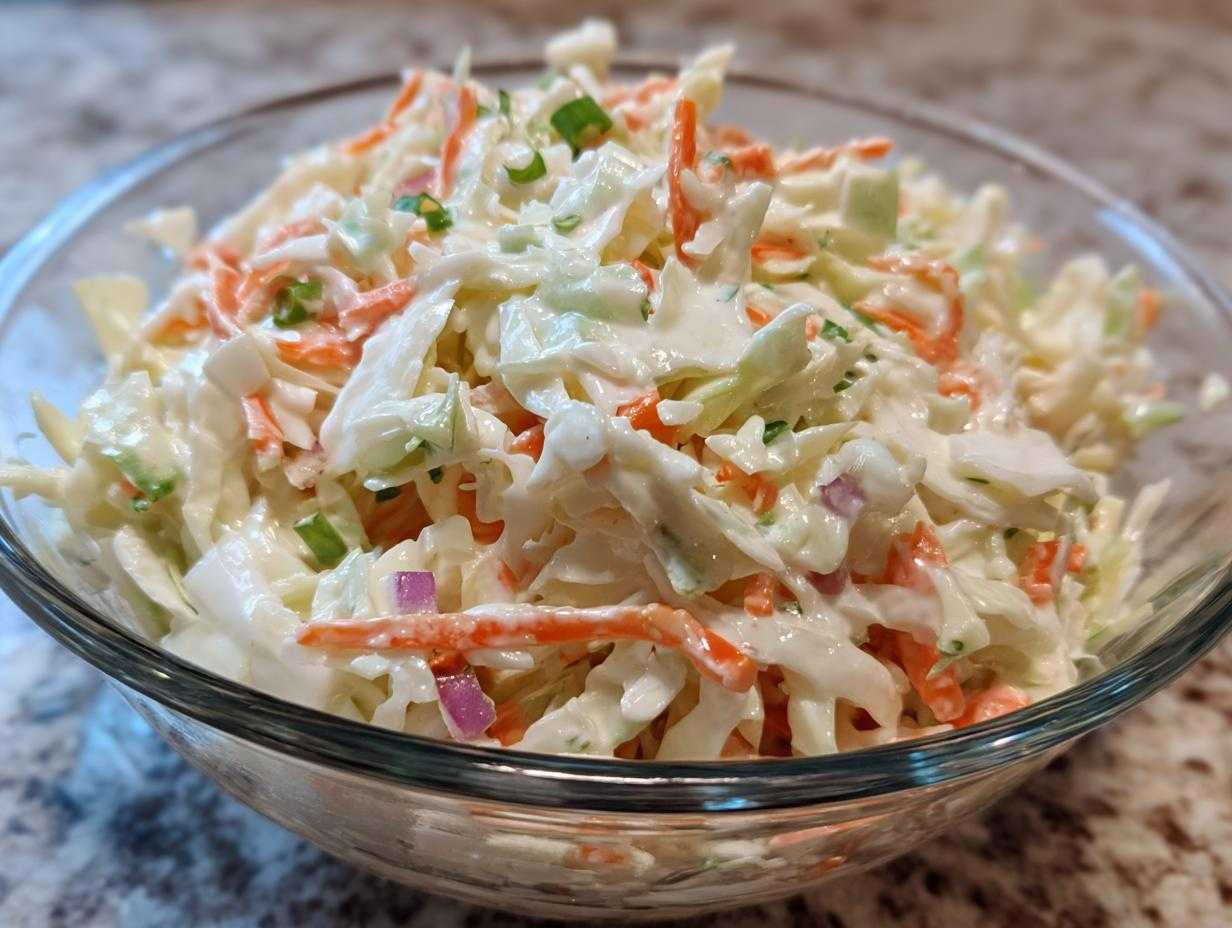 Zbliżenie na miskę pełną świeżego coleslaw domowy z posiekaną kapustą, marchewką i cebulką.