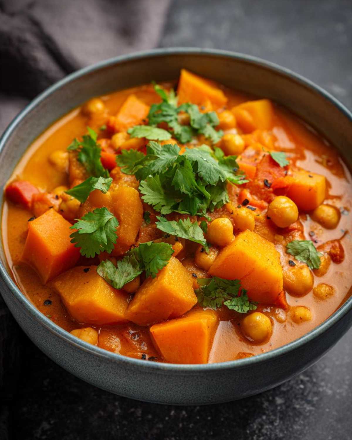 Zbliżenie na miskę z rozgrzewającym curry z dynią i ciecierzycą, udekorowane świeżą kolendrą.