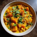Miseczka pełna aromatycznego curry z dynią i ciecierzycą, posypana świeżą kolendrą.
