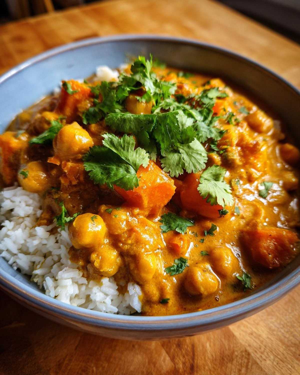 Zbliżenie na miskę z aromatycznym curry z dynią i ciecierzycą, podane z ryżem i świeżą kolendrą.