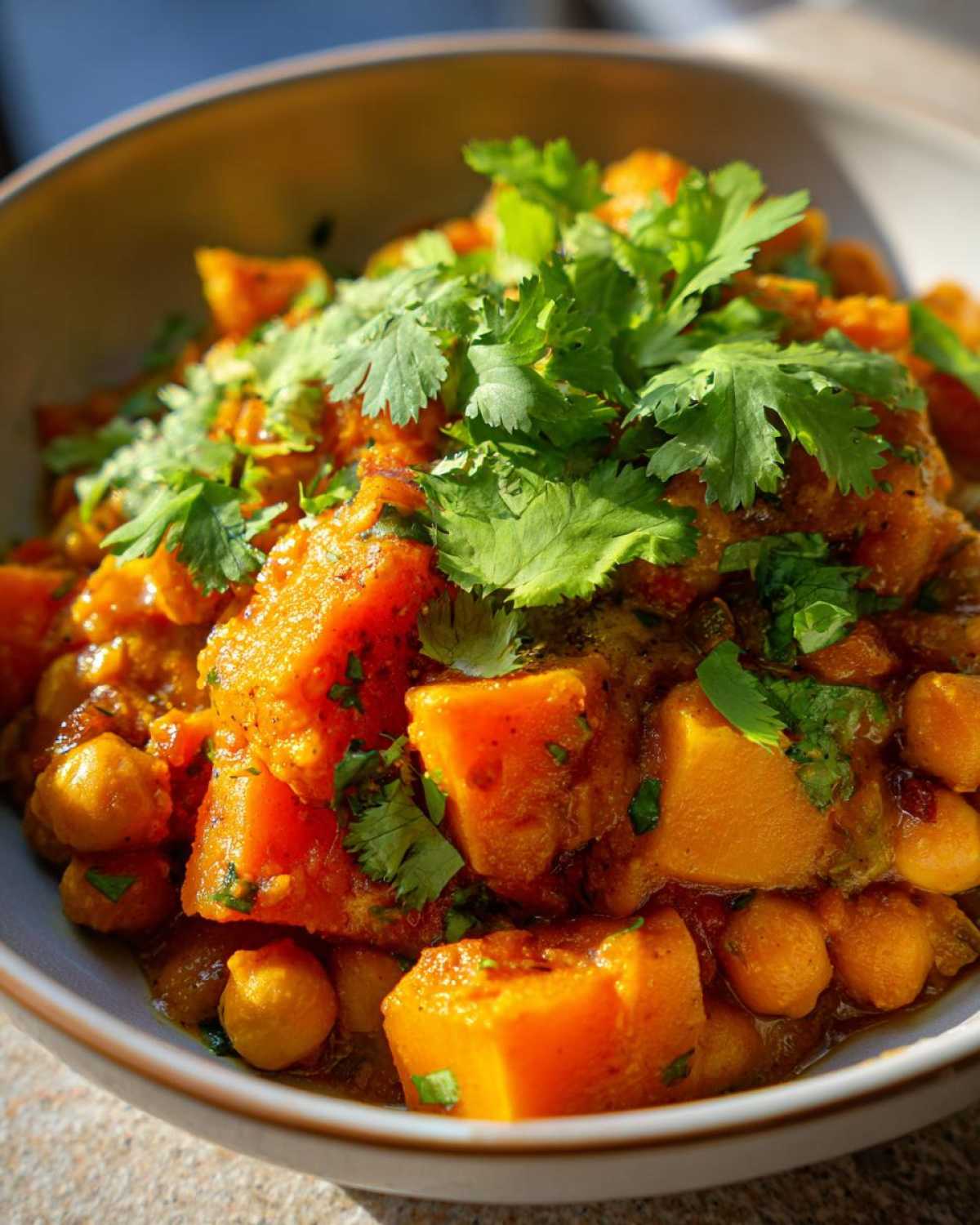 Zbliżenie na miskę pełną aromatycznego curry z dynią i ciecierzycą, udekorowanego świeżą kolendrą.