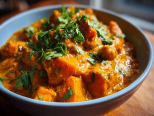 Zbliżenie na miskę z rozgrzewającym curry z dynią i ciecierzycą, posypane świeżą natką pietruszki.