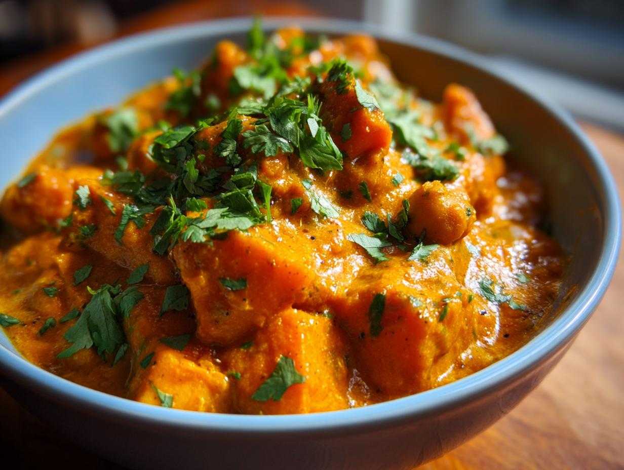 Zbliżenie na miskę z rozgrzewającym curry z dynią i ciecierzycą, posypane świeżą natką pietruszki.