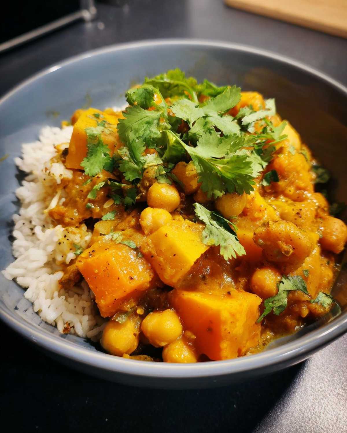 Miseczka z ryżem i aromatycznym curry z dynią i ciecierzycą, udekorowana świeżą kolendrą.