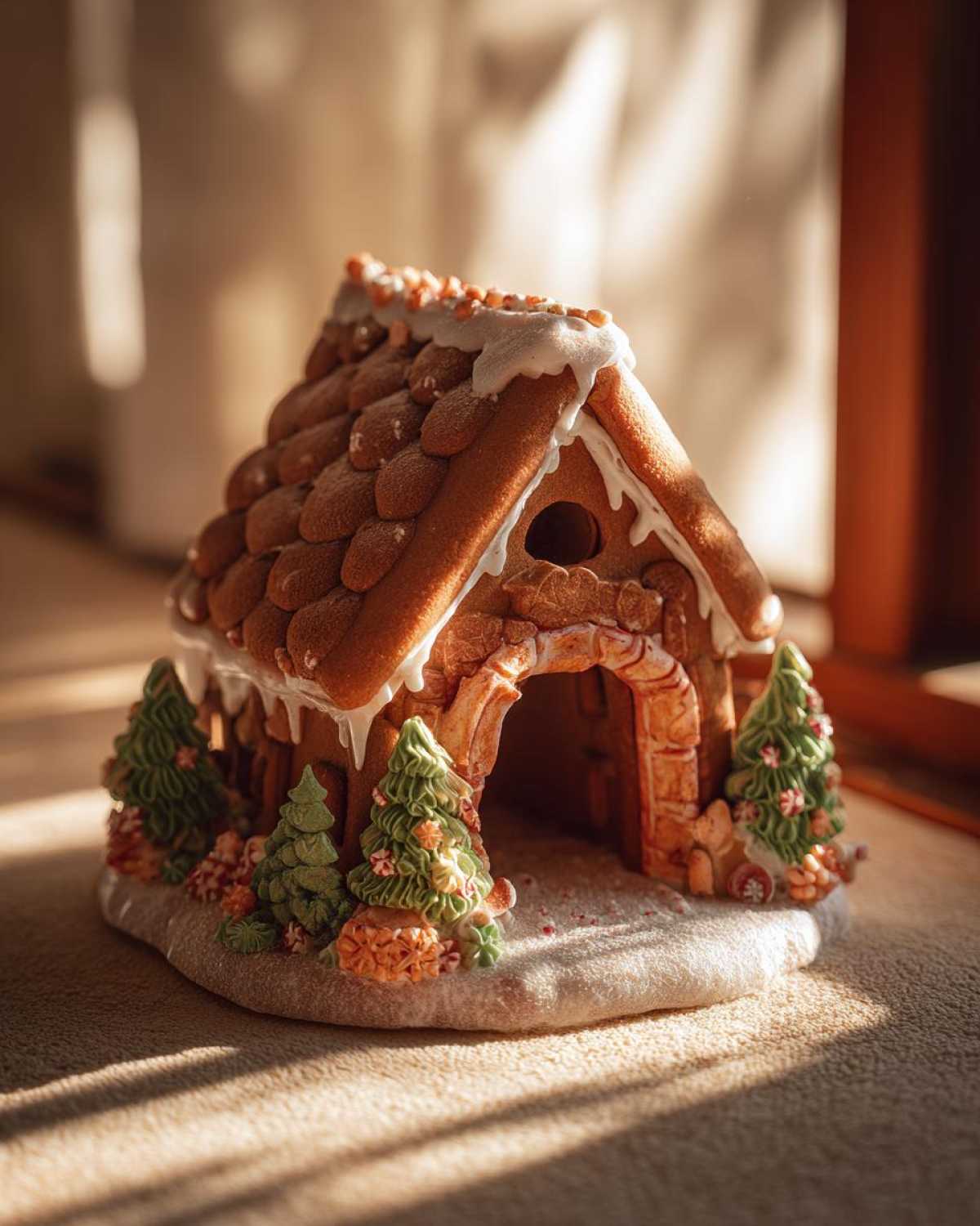 Ozdobiony Domek z Piernika z detalami z lukru i cukru, otoczony piernikowymi drzewkami.