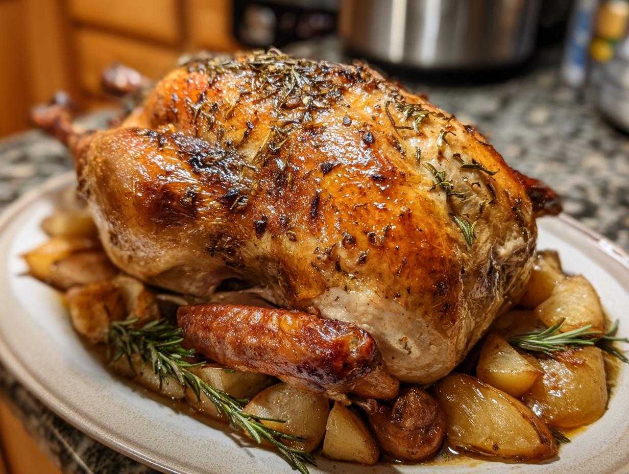 Aromatyczna gęś pieczona z jabłkami i ziołami, podana na talerzu z pieczonymi ziemniakami.