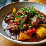 Gulasz wołowy w misce, z kawałkami mięsa, ziemniaków i papryki, posypany natką pietruszki.