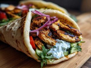 Zbliżenie na domowy gyros z kurczaka z warzywami, sosem i czerwoną cebulą w picie.