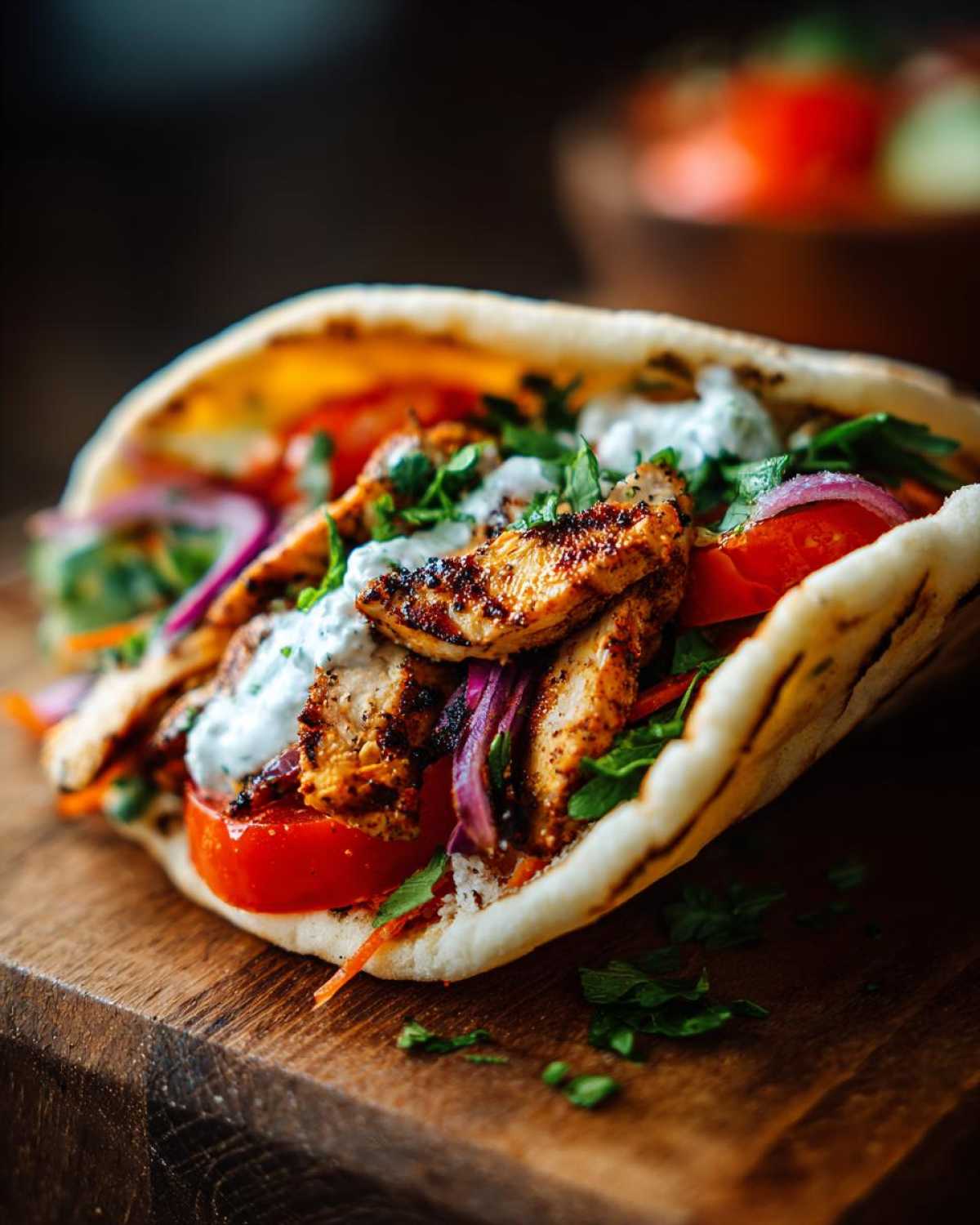 Domowy gyros z kurczaka w picie z warzywami i sosem na drewnianej desce.