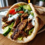 Zbliżenie na domowy gyros z kurczaka w picie z warzywami i sosem.