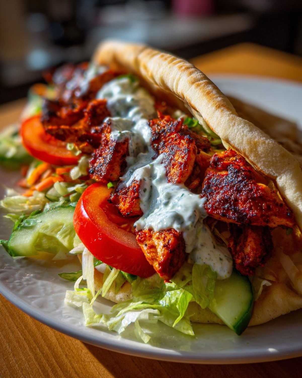 Domowy gyros z kurczaka w picie z warzywami i sosem jogurtowym.