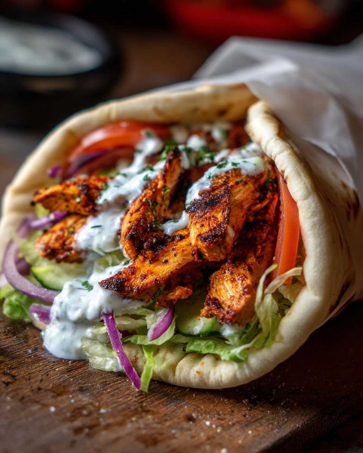 Domowy gyros z kurczaka w picie z warzywami i sosem jogurtowym.