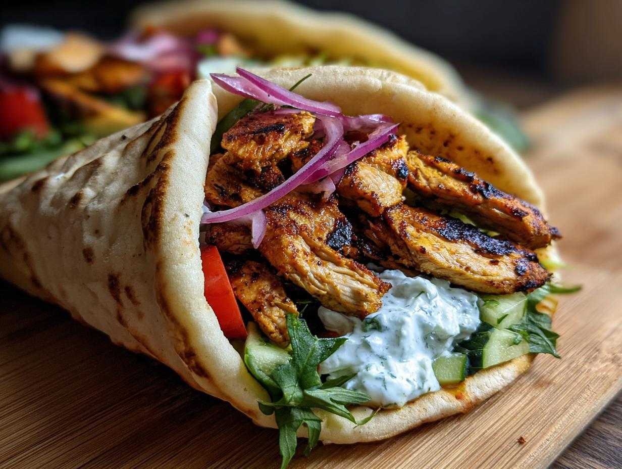 Zbliżenie na domowy gyros z kurczaka z warzywami, sosem i czerwoną cebulą w picie.