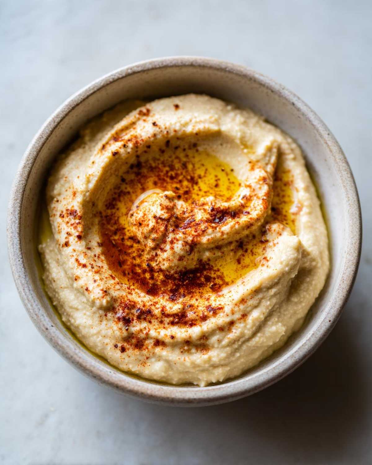 Zbliżenie na kremowy hummus z ciecierzycy posypany papryką i polany oliwą, podany w kamionkowej miseczce.