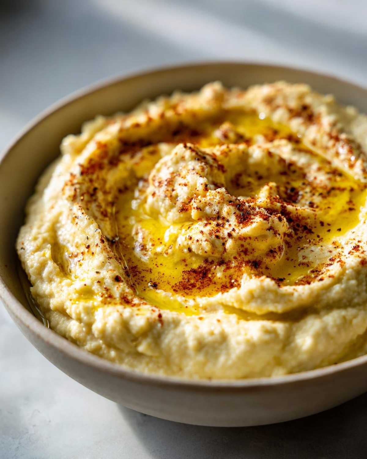 Zbliżenie na kremowy hummus z ciecierzycy polany oliwą i posypany papryką.