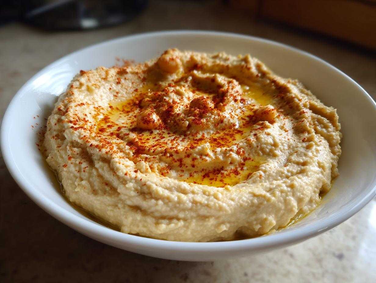 Zbliżenie na kremowy hummus z ciecierzycy w białej misce, posypany papryką i polany oliwą.