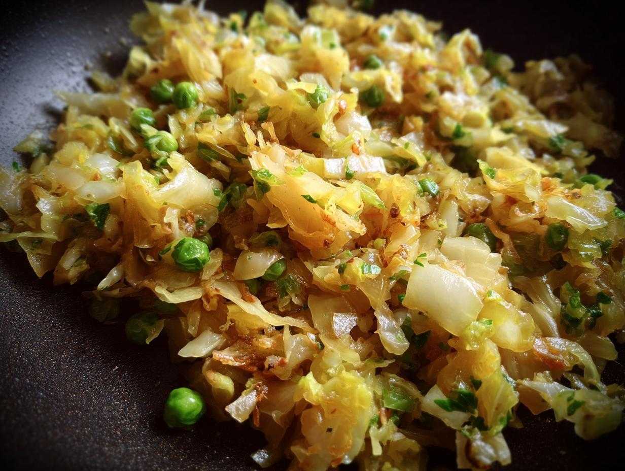 Zbliżenie na gotową kapustę z grochem w patelni, z widocznymi kawałkami kapusty i zielonego groszku.