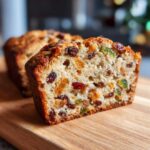 Keks świąteczny pokrojony na plastry, widoczne bakalie: rodzynki, skórka pomarańczowa, żurawina.